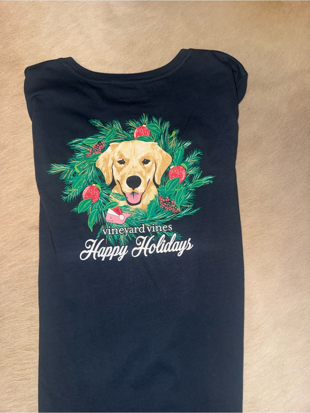 Vineyard Vines Navy Long Sleeve Tee with Holiday Dog Wreath